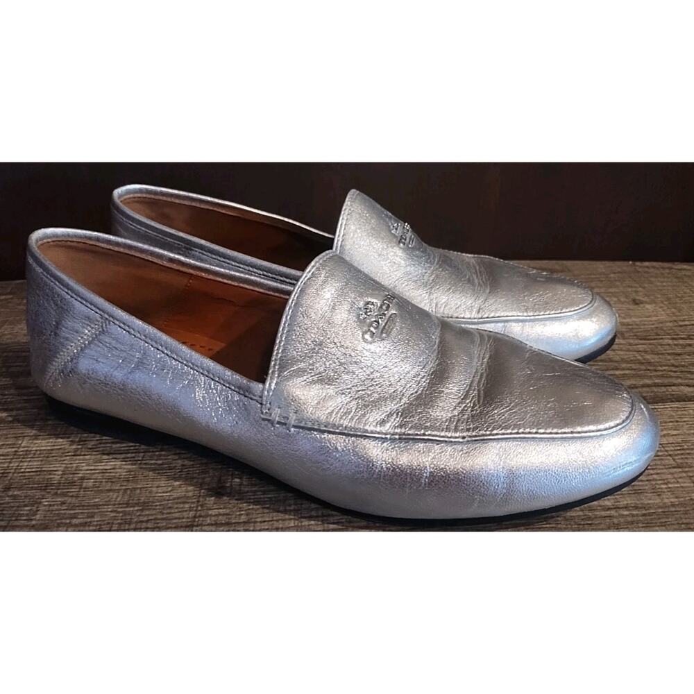 Coach Mary Lockup Silver Slip On Loafer Designer Shoes Womens Size 7 Leather